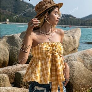 Yellow Plaid Strapless Blouse